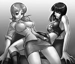  bare_shoulders boots breasts cleavage crop_top cross-laced_clothes girl_on_top grey_background greyscale kagami_hirotaka knee_boots large_breasts looking_at_viewer monochrome multiple_girls nami_(one_piece) nico_robin one_piece shirt short_hair simple_background sitting skin_tight skirt thighs 