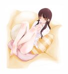  bangs bare_legs barefoot blunt_bangs blush breasts collared_shirt copyright_request couch covering covering_crotch full_body legs_up long_hair long_sleeves looking_at_viewer medium_breasts miito_shido no_pants on_couch panties pillow pink_panties red_eyes shirt sidelocks solo toes underwear white_shirt wing_collar 