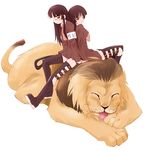  back-to-back boots copyright_request glasses lion long_hair miito_shido multiple_girls school_uniform sitting_on_animal 