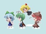  animal_ears antennae aqua_background blonde_hair blue_eyes blue_hair bococho bow cape chibi cirno closed_eyes eighth_note green_hair hair_bow hair_ribbon hat multiple_girls music musical_note mystia_lorelei pink_hair red_eyes ribbon rumia short_hair simple_background singing team_9 touhou wings wriggle_nightbug 