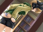  asuka_pyon bike_shorts game_cg library panties short_hair snow_(game) solo spandex tachibana_meiko underwear undressing 