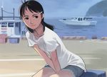  between_legs black_hair boat brown_eyes cargo copyright_request crate denim denim_shorts freckles hair_ornament hairclip hand_between_legs harbor highres ocean shirt short_shorts shorts sitting smile solo takamichi watercraft white_shirt 