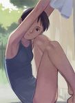  armpits barefoot black_school_swimsuit copyright_request flat_chest highres one-piece_swimsuit school_swimsuit solo swimsuit takamichi towel 