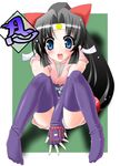  bangs blunt_bangs choker elbow_gloves fingerless_gloves fishnets gloves headband japanese_clothes kimono ninin_ga_shinobuden obi panties purple_legwear sash shinobu short_kimono smiley_face solo thighhighs underwear utamaro 