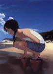  beach braid cloud copyright_request day highres outdoors sandals sky solo squatting takamichi 