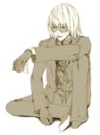  artist_request chocolate chocolate_bar cross cross_necklace death_note gloves jewelry latin_cross male_focus mello monochrome necklace scar simple_background sitting solo source_request white_background 