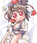  animal animal_on_head bird bird_on_head blush hat looking_at_viewer lowres mouth_hold nyagakiya on_head shameimaru_aya smile solo touhou 