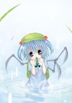  blue_hair blush catbell cucumber eating hair_bobbles hair_ornament hat kawashiro_nitori knife looking_at_viewer mechanical_arm mouth_hold ripples short_hair solo standing touhou two_side_up wading water 