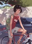  backpack bag bicycle black_eyes black_hair car copyright_request dappled_sunlight ground_vehicle highres motor_vehicle sandals shirt short_hair shorts sleeveless sleeveless_shirt solo sunlight takamichi tree tree_shade wall 