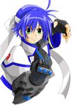  androgynous antenna_hair artist_request black_gloves blue_hair clenched_hand collar fingerless_gloves gauntlets gloves green_eyes lyrical_nanoha mahou_shoujo_lyrical_nanoha_strikers revolver_knuckle short_hair simple_background solo subaru_nakajima upper_body white_background 