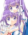  clannad fujibayashi_kyou fujibayashi_ryou hair_ribbon hikarizaka_private_high_school_uniform hug hug_from_behind long_hair lowres multiple_girls purple_eyes purple_hair ribbon school_uniform short_hair siblings twins yuugiri 