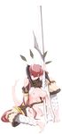  armor bad_anatomy barefoot breasts copyright_request highres large_breasts miito_shido nipples panties pointy_ears red_hair solo spread_legs tail underwear weapon 