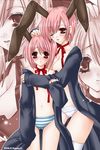  animal_ears bunny_ears copyright_request multiple_girls open_clothes open_shirt panties pink_hair shirt short_hair thighhighs topless ueda_fuyuka underwear 