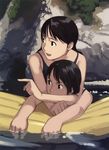  black_eyes black_hair copyright_request freckles highres hug hug_from_behind inflatable_raft multiple_girls pointing rock submerged swimsuit takamichi water 