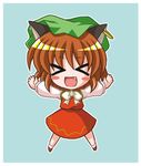  &gt;_&lt; animal_ears blush_stickers bococho brown_hair cat_ears chen chibi closed_eyes earrings fang hat jewelry lowres short_hair solo touhou 