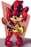  2018 4_fingers anthro blue_eyes boots caprine clothed clothing female fingerless_gloves footwear gloves guitar hair half-closed_eyes hat hi_res lammy_lamb lipstick makeup mammal musical_instrument n3f4str10 parappa_the_rapper pose red_hair sheep smile solo standing um_jammer_lammy video_games 
