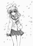  akane_souichi antenna_hair blazer clannad collar cowboy_shot furukawa_nagisa greyscale hand_on_own_chest hikarizaka_private_high_school_uniform jacket long_sleeves monochrome petals pleated_skirt school_uniform serafuku simple_background skirt solo standing white_background 