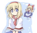  :d alice_margatroid apron blonde_hair blue_dress blue_eyes bow capelet doll dress flying hair_bow hairband looking_at_viewer looking_back necktie open_mouth red_bow red_neckwear shanghai_doll short_hair smile solo touhou waist_apron yuuhi_alpha 