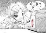  ? death game_console greyscale idolmaster idolmaster_(classic) idolmaster_1 kisaragi_chihaya monochrome nomura_teruya red_ring_of_death solo spoken_question_mark spot_color sweatdrop xbox_360 