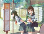  bag black_hair brown_hair bus_stop chain-link_fence eihi fence glasses leaning_forward long_hair multiple_girls original school_bag school_uniform serafuku skirt twintails 