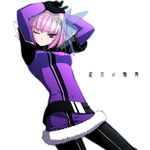  arms_up belt black_legwear fur gloves hairband lili_levinas one_eye_closed pantyhose pink_hair purple_eyes rokuwata_tomoe senkou_no_ronde short_hair solo 