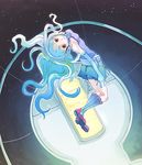  blue_hair boots eihi floating_hair gradient_hair knee_boots light_smile long_hair looking_at_viewer looking_back multicolored_hair original shorts skirt solo space yellow_eyes zero_gravity 