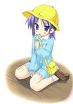  blue_eyes candy food hat hiiragi_kagami kindergarten kiriya_haruhito lollipop lucky_star purple_hair school_hat short_hair sitting solo swirl_lollipop tsurime younger 