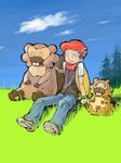  bibarel bidoof cloud day diamond_(pokemon) gen_4_pokemon grass hat male_focus mochihada pokemon pokemon_(creature) pokemon_(game) pokemon_dppt scarf shoes sitting sky staring surprised tree 