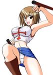  abu armpits boots breasts brown_eyes brown_hair covered_nipples elie_(rave) happy large_breasts midriff miniskirt navel oekaki open_mouth panties pantyshot pencil_skirt rave short_hair skirt skirt_lift sleeveless smile solo underwear weapon white_panties 