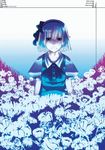  blue_eyes dress enpou expressionless field flower flower_field green_dress konpaku_youmu looking_at_viewer puffy_short_sleeves puffy_sleeves shaded_face short_sleeves silver_hair solo touhou 