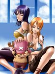  bikini blue_hair blush breasts cleavage day hat kagami_hirotaka large_breasts multiple_girls nami_(one_piece) nico_robin one_piece orange_hair pink_hat swimsuit tattoo tony_tony_chopper 