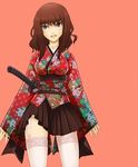  brown_eyes brown_hair garter_straps glasses japanese_clothes katana kazu kikuko_(kazu) kimono kimono_skirt lingerie original smile solo sword thighhighs underwear weapon zettai_ryouiki 