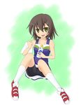  bike_shorts bluepony bottle brown_eyes brown_hair cheerleader fang highres kusakabe_misao lucky_star short_hair solo spandex towel yellow_eyes 
