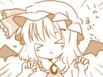  &gt;_&lt; :&lt; bat_wings blush_stickers catbell closed_eyes monochrome orange_(color) remilia_scarlet solo touhou translated wings 