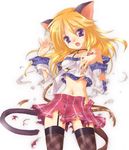  animal_ears blonde_hair blush cat_(trickster) cat_ears cat_tail duplicate garters midriff mofmof_(sousa) navel open_mouth purple_eyes skirt solo tail tearing_clothes thighhighs torn_clothes trickster 