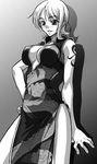  breasts china_dress chinese_clothes cleavage dress greyscale kagami_hirotaka large_breasts monochrome nami_(one_piece) one_piece side_slit solo tattoo 