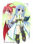  agito_(nanoha) bat_wings blue_eyes blue_hair blush book book_of_the_azure_sky fingerless_gloves gloves hair_ornament long_hair lyrical_nanoha magical_girl mahou_shoujo_lyrical_nanoha_strikers minazoi_kuina multiple_girls pointy_ears purple_eyes quad_tails red_hair reinforce_zwei short_hair single_thighhigh thighhighs wings x_hair_ornament 