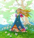  barefoot dress eihi floating_hair flower long_hair original solo tree wind 
