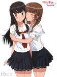  black_eyes black_hair black_skirt braid brown_hair closed_eyes collarbone copyright_name embarrassed futami_eriko kibina_high_school_uniform kimi_kiss long_hair mizusawa_mao multiple_girls pleated_skirt school_uniform shirt skirt twin_braids white_shirt yuri 