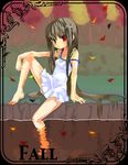  autumn autumn_leaves bare_shoulders barefoot brown_hair collarbone dress knee_up long_hair off_shoulder original pond red_eyes shore sidelocks sitting sleeveless sleeveless_dress soaking_feet solo sundress ume_(pickled_plum) water white_dress 