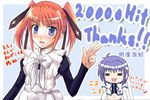  2girls :d =_= apron blue_eyes blue_hair blush frilled_apron frills headband hits long_sleeves looking_at_viewer lyrical_nanoha magical_girl mahou_shoujo_lyrical_nanoha_strikers maid midriff multiple_girls number ooki_kino open_mouth orange_hair smile subaru_nakajima teana_lanster thank_you translation_request twintails w 