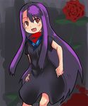  bare_arms beatrice_(wild_arms) black_dress dress flower grey_background johnny_funamushi long_hair purple_hair red_eyes red_flower red_rose rose smile solo wild_arms wild_arms_3 