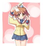  antenna_hair blazer brown_eyes brown_hair clannad collar emblem furukawa_nagisa hikarizaka_private_high_school_uniform jacket looking_at_viewer miniskirt pink_background pleated_skirt salty_(cherrypie) school_uniform serafuku short_hair simple_background skirt solo standing thigh_gap 