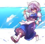  bangs bloomers blue_skirt character_name eyebrows_visible_through_hair frilled_skirt frills full_body gloves hat inuinui lavender_hair letty_whiterock long_sleeves looking_at_viewer pink_eyes short_hair simple_background skirt solo touhou underwear vest walking white_bloomers white_gloves 