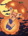  ahoge animal_ears barefoot bat bell cat_ears feet final_fantasy final_fantasy_xi full_moon gochou_(kedama) halloween jack-o'-lantern mithra moon pumpkin solo tail thighhighs toeless_legwear 