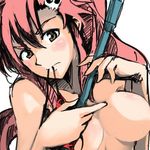  &gt;:) bikini_top bikini_top_removed blush breasts closed_mouth collarbone cosaten embarrassed gun hair_ornament head_tilt holding holding_gun holding_weapon long_hair looking_at_viewer lowres medium_breasts mouth_hold out-of-frame_censoring ponytail red_hair rifle simple_background sketch skull_hair_ornament smile sniper_rifle solo tengen_toppa_gurren_lagann topless upper_body v-shaped_eyebrows very_long_hair weapon white_background yoko_littner 