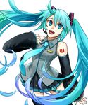  1girl aqua_eyes aqua_hair aqua_nails aqua_necktie arm_at_side bad_link bare_shoulders belt black_skirt black_thighhighs breasts collared_shirt detached_sleeves frilled_shirt frills gradient_hair grey_shirt hair_between_eyes hatsune_miku koaki long_hair looking_at_viewer multicolored_hair necktie open_mouth pleated_skirt shirt shoulder_tattoo simple_background skirt sleeveless sleeveless_shirt sleeves_past_wrists small_breasts solo standing tattoo teeth thighhighs twintails very_long_hair vocaloid white_background 