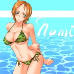  bikini breasts camouflage camouflage_bikini character_name green_bikini medium_breasts mosha nami_(one_piece) one_piece side-tie_bikini solo swimsuit 