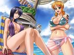  bangle bikini black_hair book bracelet breasts cameltoe chair cleavage covered_nipples crossed_arms day going_merry jewelry kagami_hirotaka large_breasts log_pose lounge_chair multiple_girls nami_(one_piece) nico_robin one-piece_swimsuit one_piece orange_hair pink_sarong sarong see-through ship swimsuit tattoo translucent_sarong twintails watercraft 
