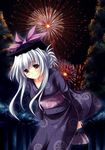  aerial_fireworks alternate_costume brown_eyes fireworks hat highres japanese_clothes kamishirasawa_keine kimono long_hair ribbon silver_hair smile solo source_request tateha_(marvelous_grace) touhou yukata 